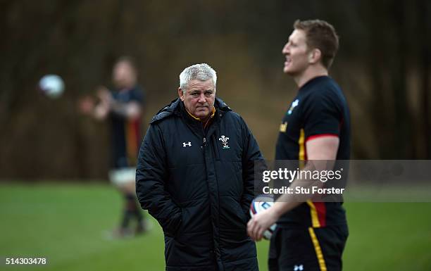 Wales head coach Warren Gatland looks on during training ahead of their RBS Six Nations match against England, at The Vale Hotel on March 8, 2016 in...