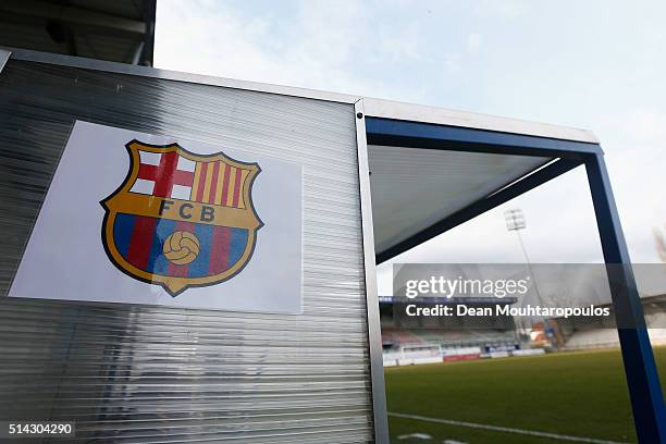 General of the FCB logo on the bench prior to the UEFA Youth League Quarter-final match between Anderlecht and Barcelona held at Van Roy Stadium on...