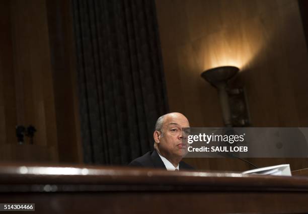 Secretary of Homeland Security Jeh Johnson testifies about the Fiscal Year 2017 budget during a Senate Homeland Security and Governmental Affairs...