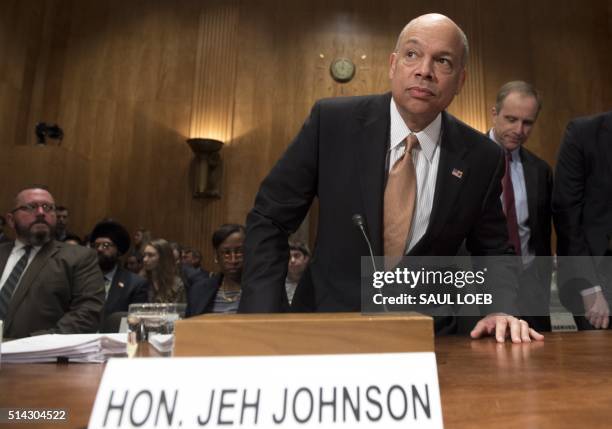 Secretary of Homeland Security Jeh Johnson arrives to testify about the Fiscal Year 2017 budget during a Senate Homeland Security and Governmental...