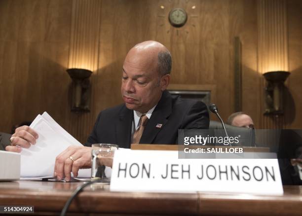 Secretary of Homeland Security Jeh Johnson arrives to testify about the Fiscal Year 2017 budget during a Senate Homeland Security and Governmental...