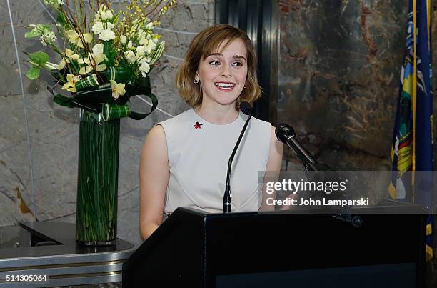 Emma Watson lights The Empire State Building for International Women's Day and the launch of HeForShe Arts Week at The Empire State Building on March...