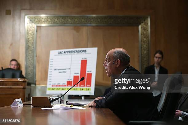 Secretary of Homeland Security Jeh Johnson testifies during a hearing before the Senate Homeland Security and Governmental Affairs Committee March 8,...