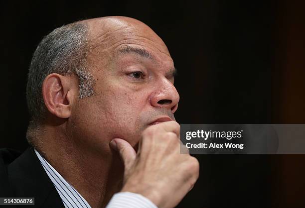 Secretary of Homeland Security Jeh Johnson testifies during a hearing before the Senate Homeland Security and Governmental Affairs Committee March 8,...