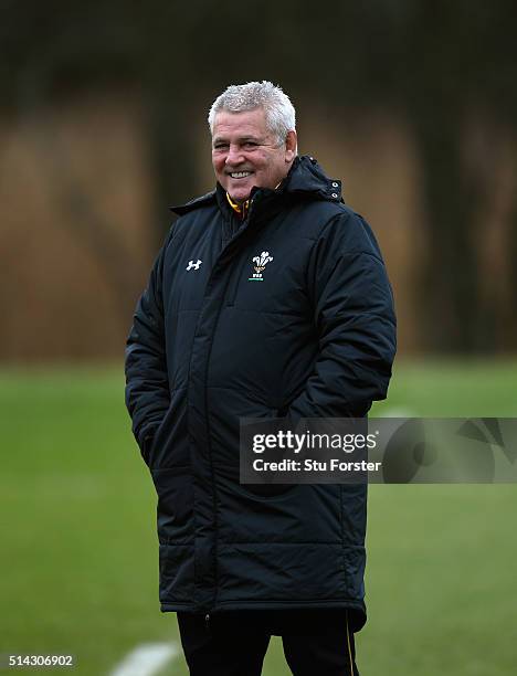 Wales head coach Warren Gatland raises a smile during training ahead of their RBS Six Nations match against England, at The Vale Hotel on March 8,...
