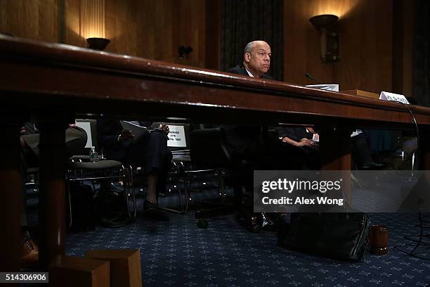 Secretary of Homeland Security Jeh Johnson testifies during a hearing before the Senate Homeland Security and Governmental Affairs Committee March 8,...