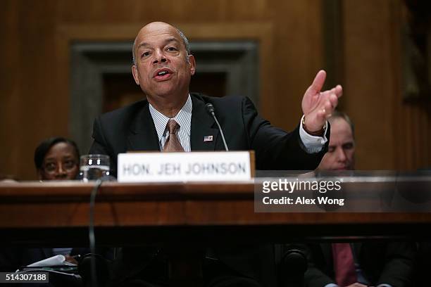 Secretary of Homeland Security Jeh Johnson testifies during a hearing before the Senate Homeland Security and Governmental Affairs Committee March 8,...