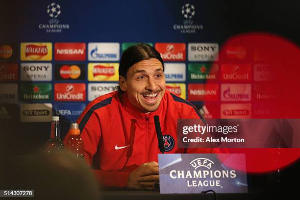 Zlatan Ibrahimovic of Paris Saint-Germain talks during a Paris Saint-Germain press conference ahead of their UEFA Champions League round of 16 second...