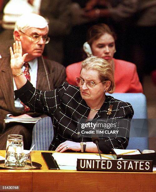 Ambassador to the United Nations Madeleine Albright raises her hand during a unanimous U.N. Security Council vote 06 May, 1993 to declare Sarajevo...