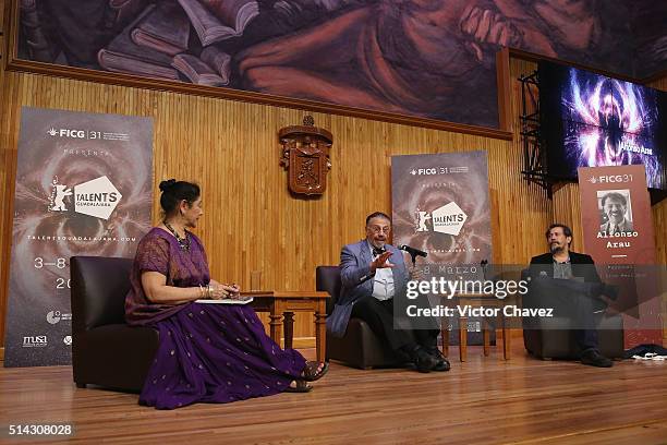 Actress Angelica Aragon, actor/director/writer Alfonso Arau and Armando Casas attend a press conference to present the new book "Asi Es La Vida "...