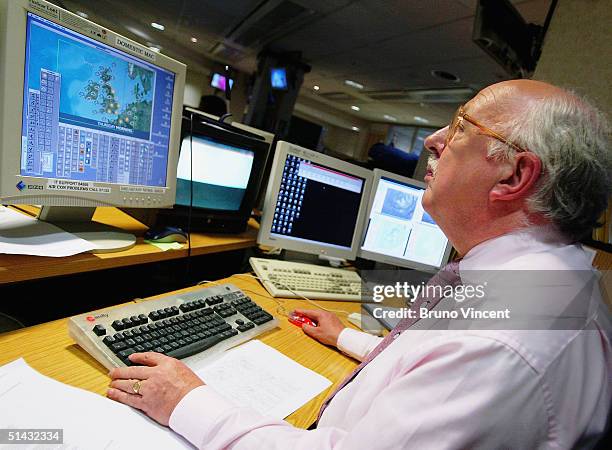 Weather forecaster Michael Fish spends his last day at his desk before retiring after 30 years, at BBC Television Centre, White City on October 6,...