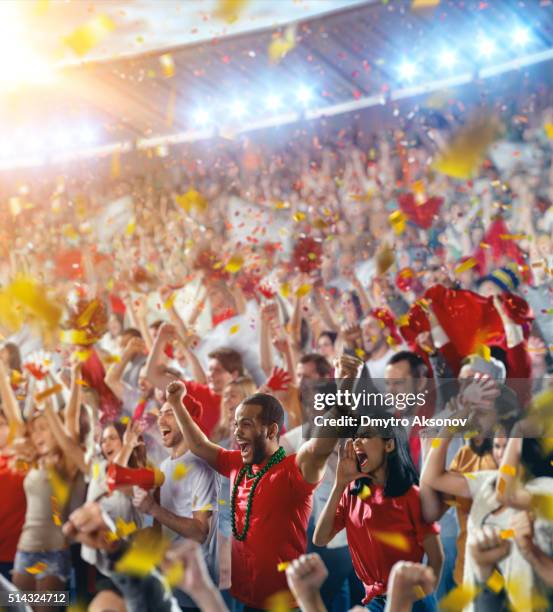 sport fans: happy cheering crowd - stadium seats stock pictures, royalty-free photos & images