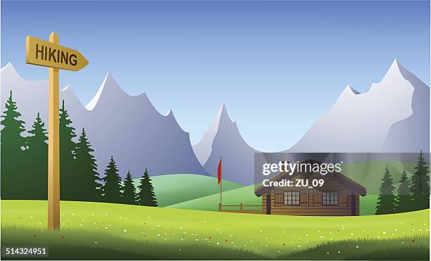 stockillustraties, clipart, cartoons en iconen met hiking, mountain landscape on a beautiful day in the summertime - blokhut