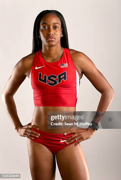 Sprinter English Gardner poses for a portrait at the 2016 Team USA Media Summit at The Beverly Hilton Hotel on March 8, 2016 in Beverly Hills,...