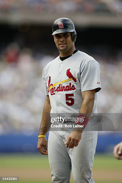 September 12: First Baseman Albert Pujols of the St. Louis Cardinals stands on base during the game against the Los Angeles Dodgers at Dodger Stadium...