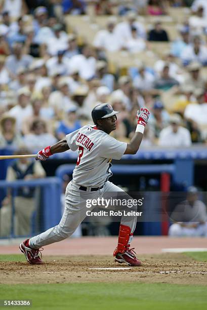 September 12: Shortstop Edgar Renteria of the St. Louis Cardinals takes a swing during the game against the Los Angeles Dodgers at Dodger Stadium on...