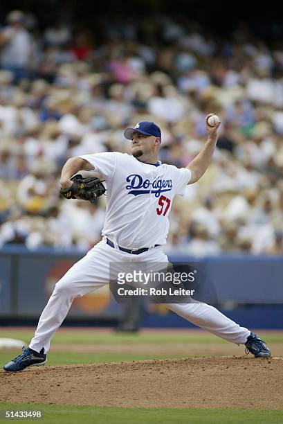 September 12: Pitcher Scott Stewart of the Los Angeles Dodgers winds up for the pitch during the game against the St. Louis Cardinals at Dodger...