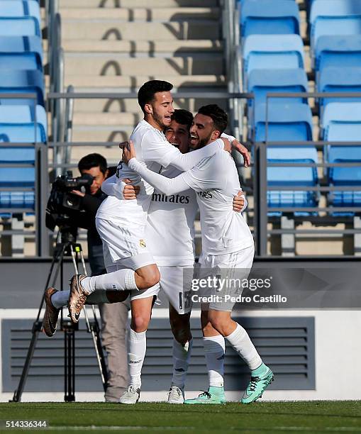 Alex Salto of Real Madrid CF celebrates after scoring with his teammates Jose Carlos Lazo and Borja Mayoral during the UEFA Youth League...