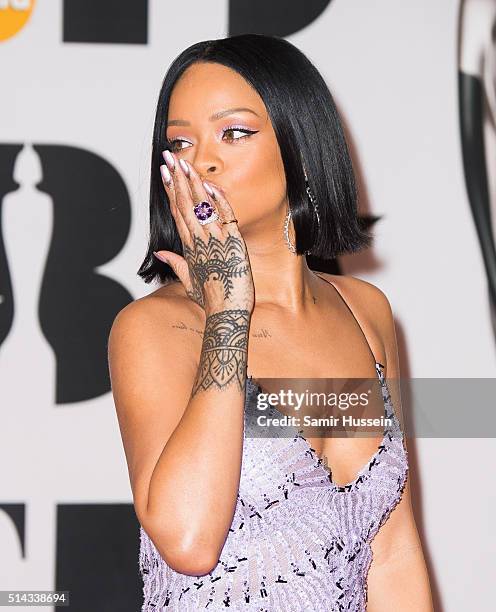 Rihanna attends the BRIT Awards 2016 at The O2 Arena on February 24, 2016 in London, England.