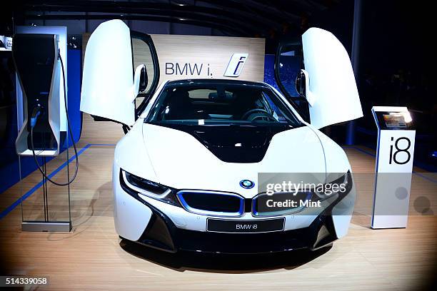 I8 electric car in display at Auto Expo show on the first day on February 5, 2014 in Greater Noida, India.