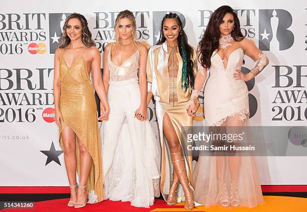Jade Thirlwall, Perrie Edwards, Leigh-Anne Pinnock and Jesy Nelson of Little Mix attend the BRIT Awards 2016 at The O2 Arena on February 24, 2016 in...