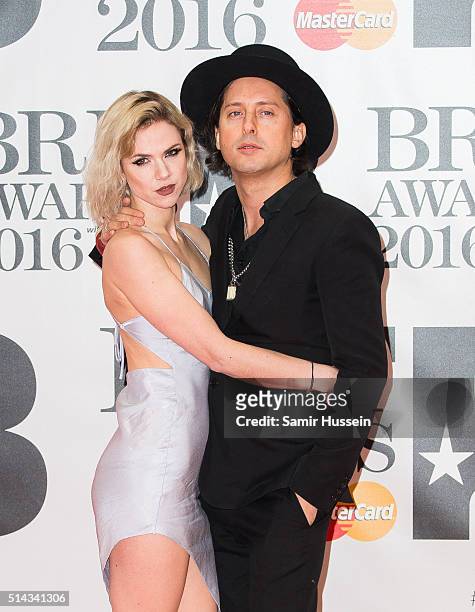 Carl Barat and Edie Langley attend the BRIT Awards 2016 at The O2 Arena on February 24, 2016 in London, England.