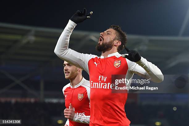 Olivier Giroud of Arsenal celebrates scoring the opening goal during the Emirates FA Cup Fifth Round Replay match between Hull City and Arsenal at KC...