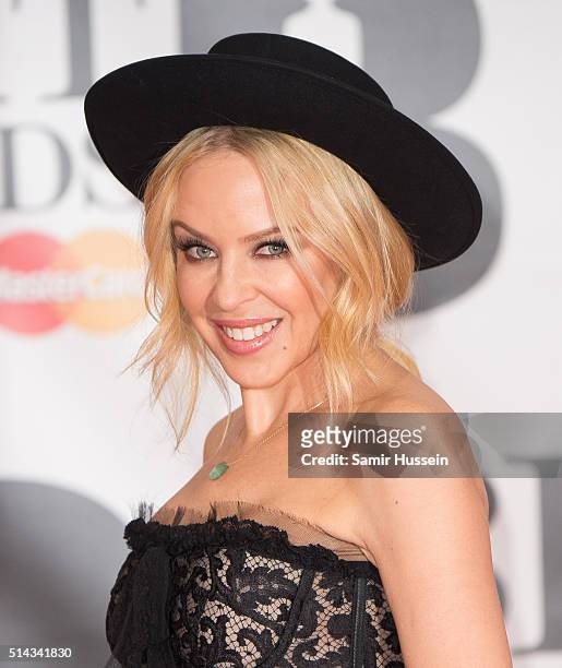 Kylie Minogue attends the BRIT Awards 2016 at The O2 Arena on February 24, 2016 in London, England.