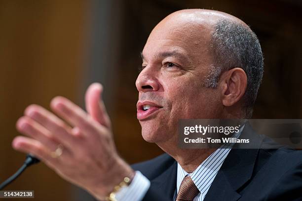 Jeh Johnson, Secretary of Homeland Security, testifies during a Senate Homeland Security & Governmental Affairs Committee hearing in Dirksen Building...