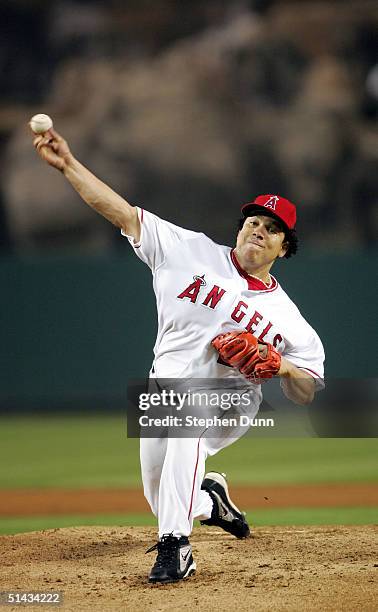 Pitcher Bartolo Colon of the Anaheim Angels pitches against the Boston Red Sox during the second inning of the American League Division Series, Game...