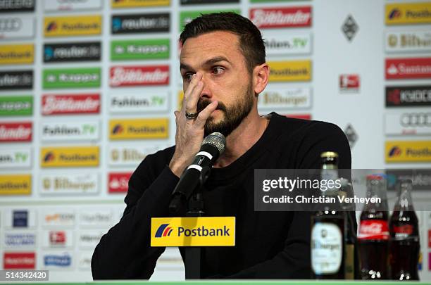 Martin Stranzl of Borussia Moenchengladbach shed a few tears during a press conference at Borussia-Park on March 08, 2016 in Moenchengladbach, Germany