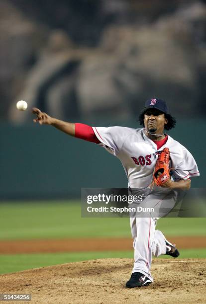 Pitcher Pedro Martinez of the Boston Red Sox pitches against the Anaheim Angels in the second inning of the American League Division Series, Game Two...