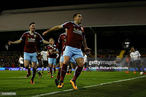 Sam Vokes of Burnley celebrates scoring the first goal during the Sky Bet Championship match between Fulham and Burnley at Craven Cottage on March 8,...