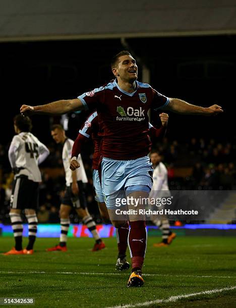 Sam Vokes of Burnley celebrates scoring the first goal during the Sky Bet Championship match between Fulham and Burnley at Craven Cottage on March 8,...