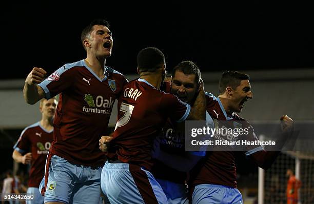 Sam Vokes of Burnley celebrates scoring the first goal during the Sky Bet Championship match between Fulham and Burnley at Craven Cottage on March 8,...