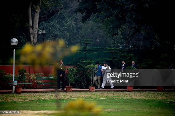 Rahul Gandhi arriving for a meeting with junior congress leaders in AICC office on February 20, 2014 in New Delhi, India.