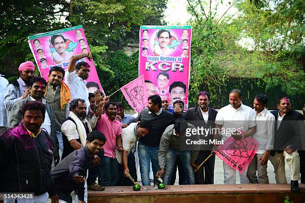 Telangana Rashtra Samiti supporters celebrating after Telangana Bill passed in Lok Sabha on February 18, 2014 in New Delhi, India.