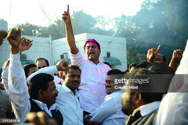 Telangana supporters celebrating after Telangana Bill pass in Lok Sabha on February 18, 2014 in New Delhi, India.