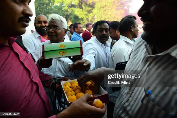 Telangana supporters celebrating after Telangana Bill passed in Lok Sabha on February 18, 2014 in New Delhi, India.