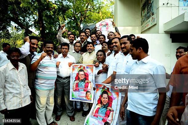 Congress workers from Telangana region celebrating after Telangana Bill passed in Lok Sabha on February 18, 2014 in New Delhi, India.