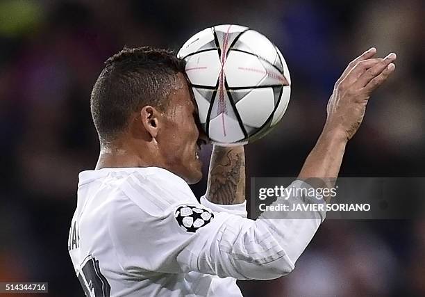 Real Madrid's Brazilian defender Danilo heads the ball during the UEFA Champions League round of 16, second leg football match Real Madrid FC vs AS...