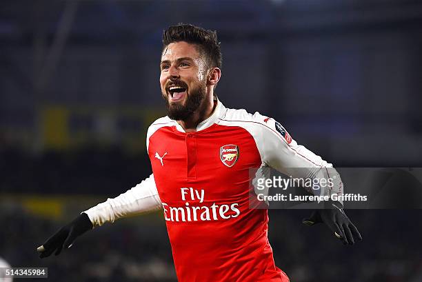 Olivier Giroud of Arsenal celebrates scoring the second Arsenal goal during the Emirates FA Cup Fifth Round Replay match between Hull City and...