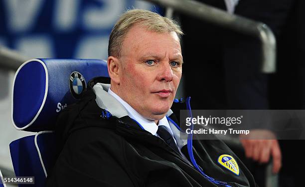 Steve Evans, Manager of Leeds United looks on during the Sky Bet Championship match between Cardiff City and Leeds United at the Cardiff City Stadium...