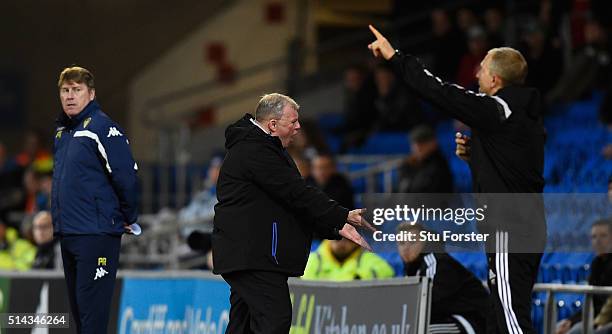 Leeds manager Steve Evans reacts during the Sky Bet Championship match between Cardiff City and Leeds United at Cardiff City Stadium on March 8, 2016...