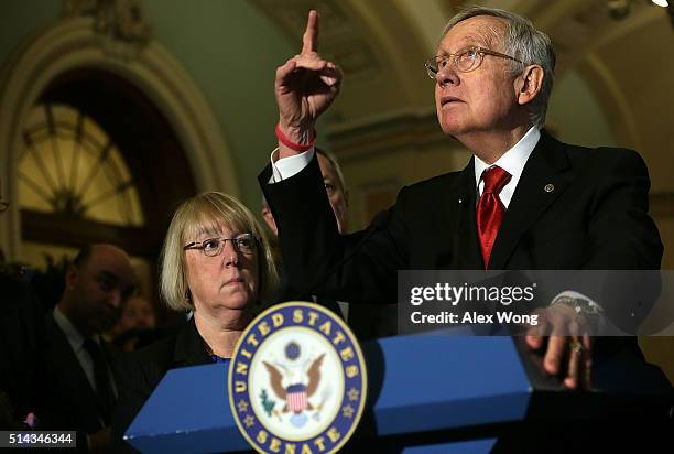 Senate Minority Leader Sen. Harry Reid and Sen. Patty Murray during a news briefing after the weekly Democratic policy luncheon March 8, 2016 on...