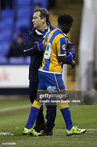 Micky Mellon the head coach / manager of Shrewsbury Town and Larnell Cole of Shrewsbury Town during the Sky Bet League One match between Shrewsbury...