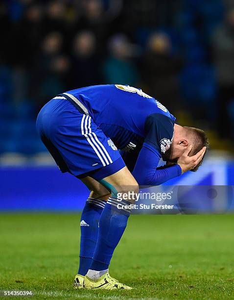 Cardiff forward Anthony Pilkington reacts after the Sky Bet Championship match between Cardiff City and Leeds United at Cardiff City Stadium on March...