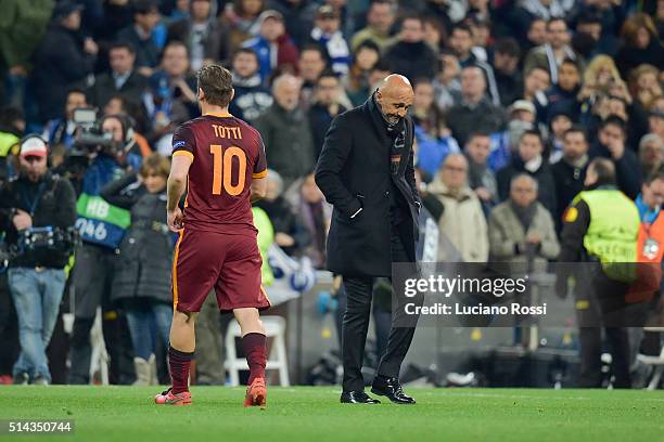 Francesco Totti and Luciano Spalletti of AS Roma after the UEFA Champions League Round of 16 second leg match between Real Madrid CF and AS Roma at...