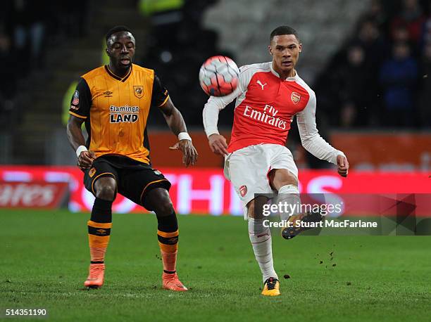 Kieran Gibbs of Arsenal takes on Adama Diomande of Hull during the Emirates FA Cup 5th Round replay between Hull City and Arsenal at the KC Stadium...