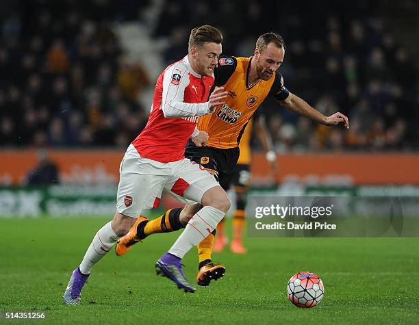 Calum Chambers of Arsenal takes on David Meyler of Hull during the match between Hull City and Arsenal in the FA Cup 5th round at KC Stadium on March...